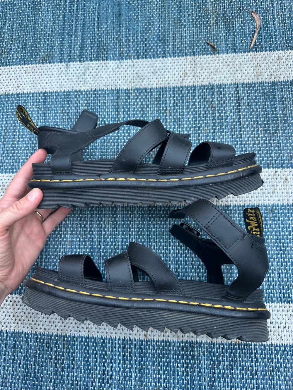 Dr. Martens Black Leather Strappy Platform Sandals with Yellow Stitching